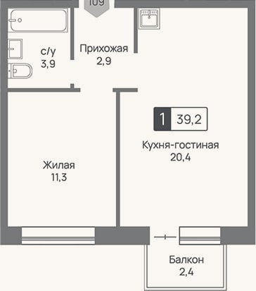 Планировка: 2-к, 38,5 м²