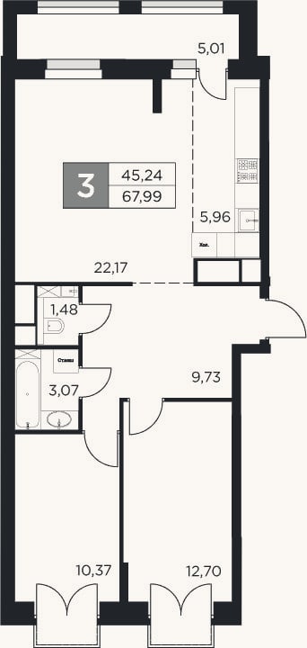 Планировка: 3-к, 65,5 м²