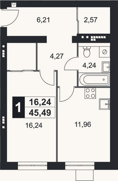 Планировка: 1-к, 45,5 м²