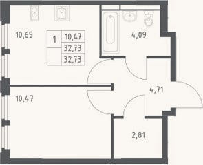 Планировка: 1-к, 32,7 м²