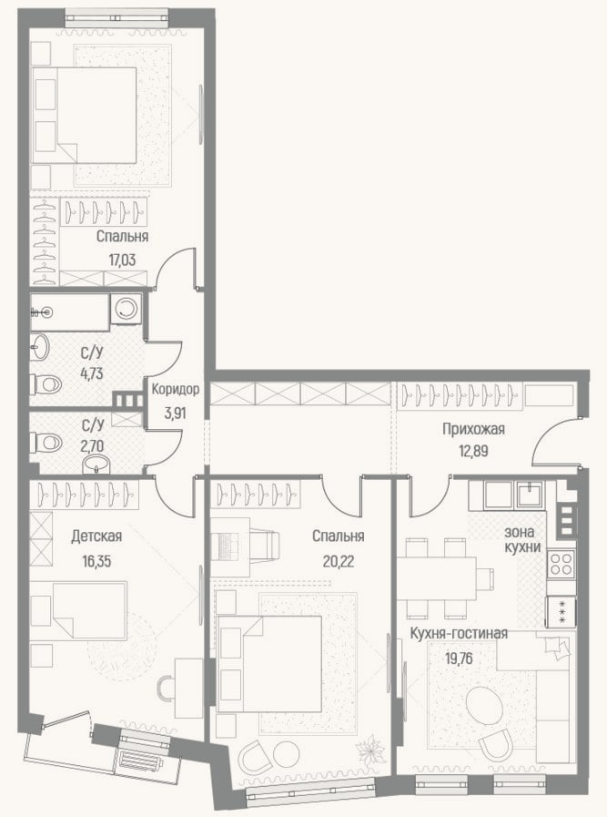 Планировка: 3-к, 97,3 м²