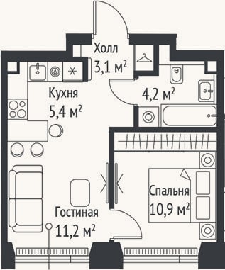 Планировка: 2-к, 34,9 м²