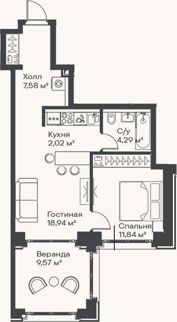 Планировка: 2-к, 44,7 м²