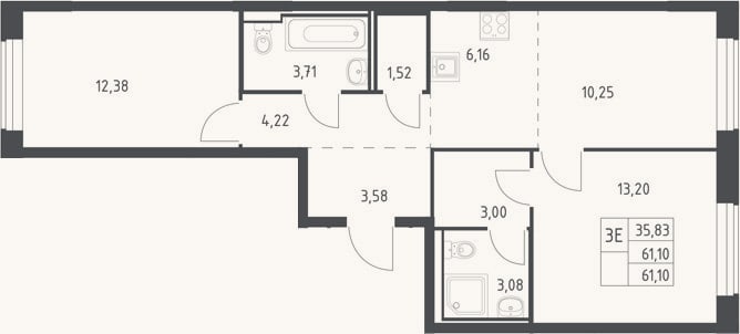 Планировка: 3-к, 61,1 м²