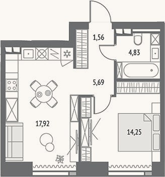 Планировка: 2-к, 44,3 м²