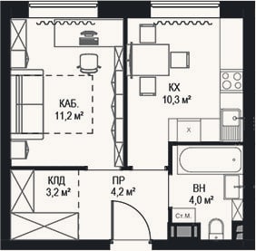 Планировка: 1-к, 32,9 м²