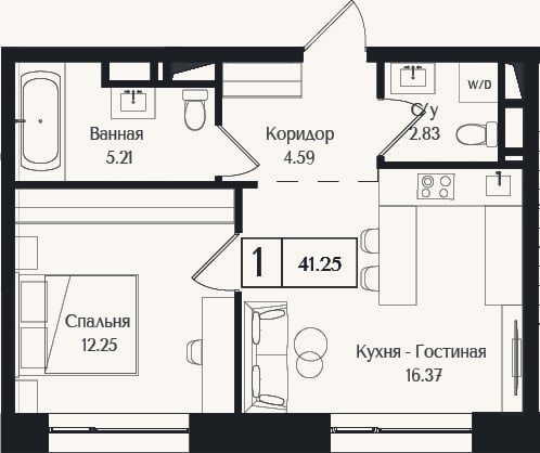 Планировка: 1-к, 41,3 м²