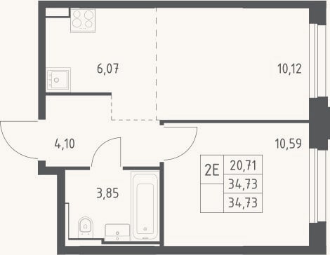Планировка: 2-к, 34,7 м²
