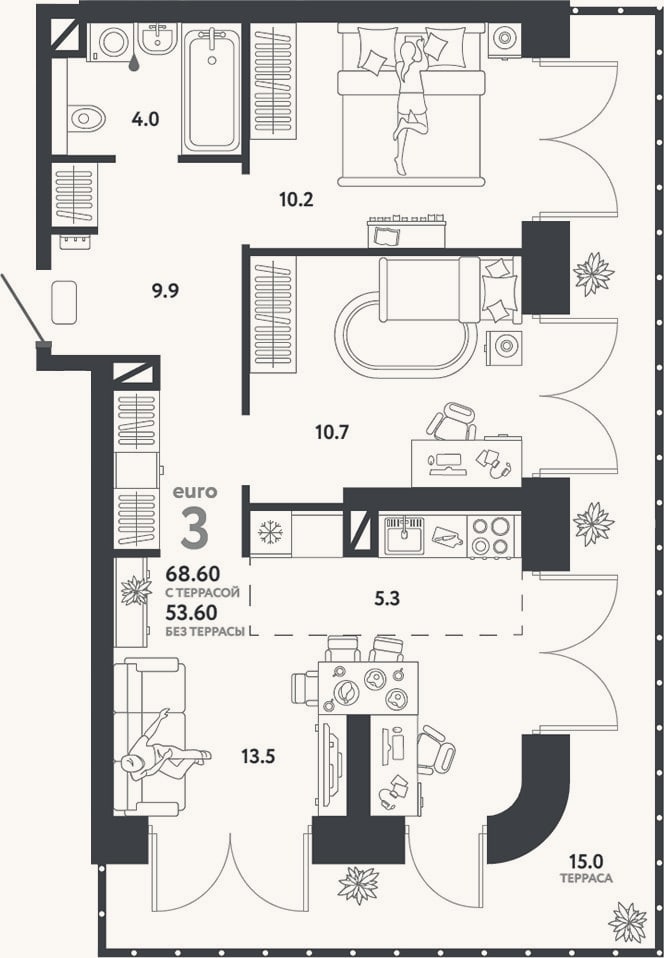 Планировка: 3-к, 53,6 м²