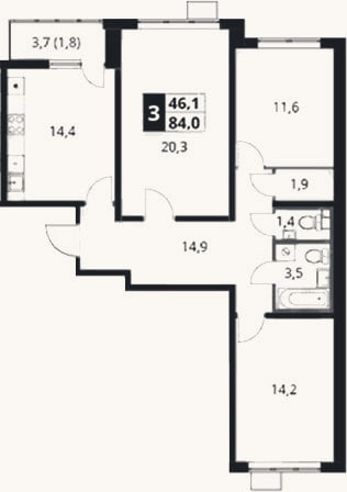 Планировка: 3-к, 82,2 м²