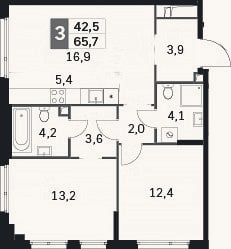 Планировка: 3-к, 65,7 м²