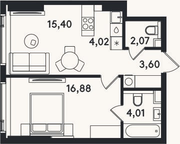 Планировка: 2-к, 46 м²