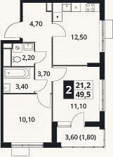 Планировка: 2-к, 47,7 м²