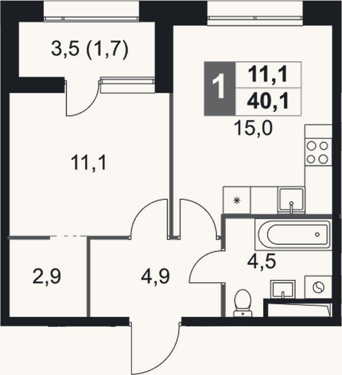Планировка: 1-к, 38,4 м²