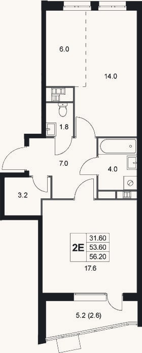 Планировка: 2-к, 53,6 м²