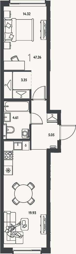 Планировка: 1-к, 47,3 м²