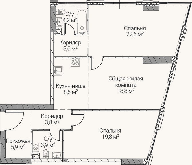 Планировка: 3-к, 91,2 м²