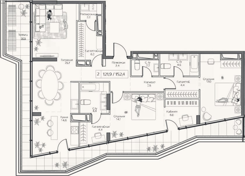 Планировка: 3-к, 121,9 м²