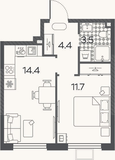 Планировка: 2-к, 34 м²