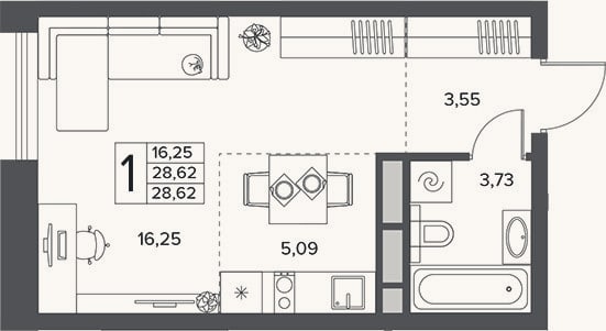 Планировка: Студия, 28,6 м²