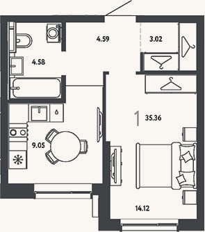 Планировка: 1-к, 35,4 м²