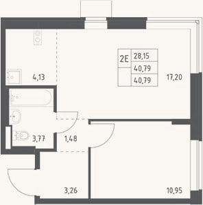 Планировка: 2-к, 40,8 м²