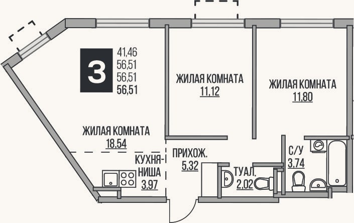 Планировка: 3-к, 56,5 м²