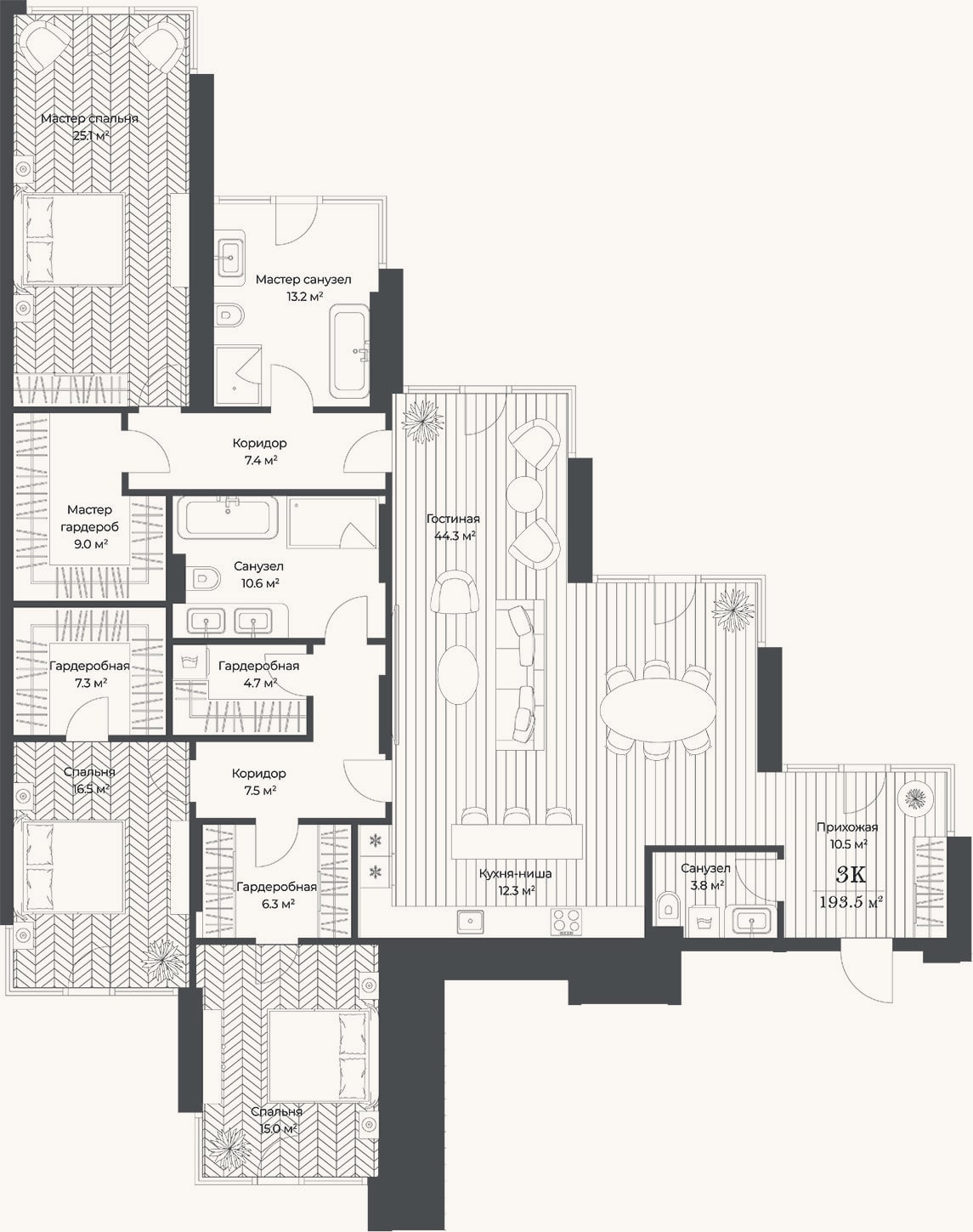 Планировка: 4+ к, 193,5 м²