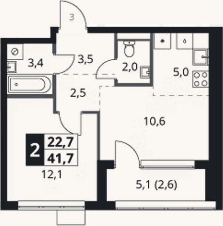 Планировка: 2-к, 39,1 м²
