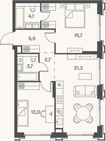 Планировка: 3-к, 64,9 м²