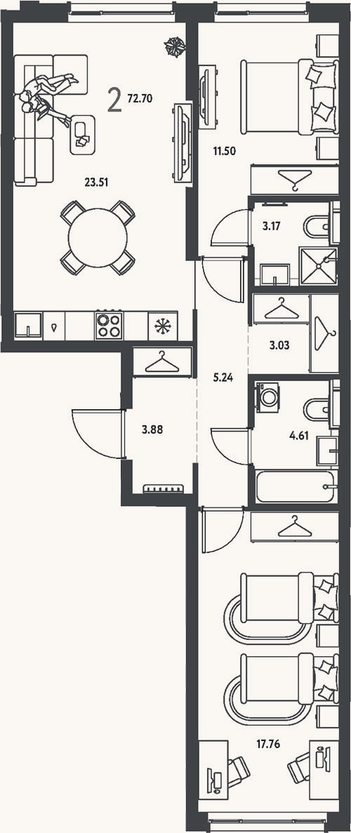 Планировка: 2-к, 72,7 м²