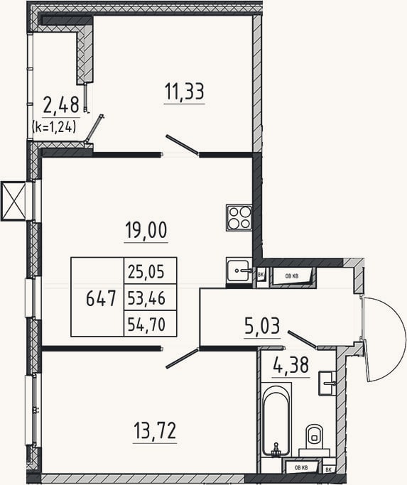 Планировка: 3-к, 53,5 м²