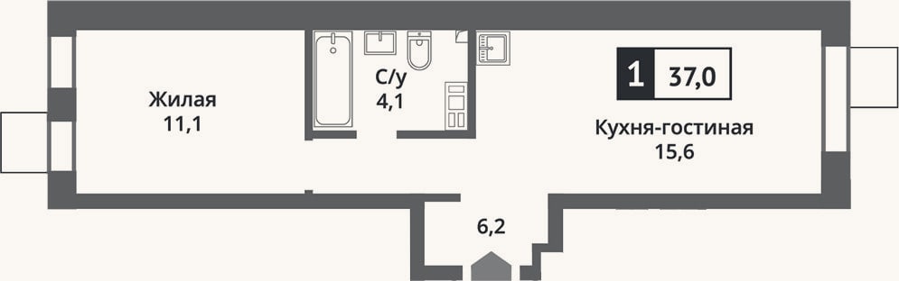 Планировка: 2-к, 37 м²
