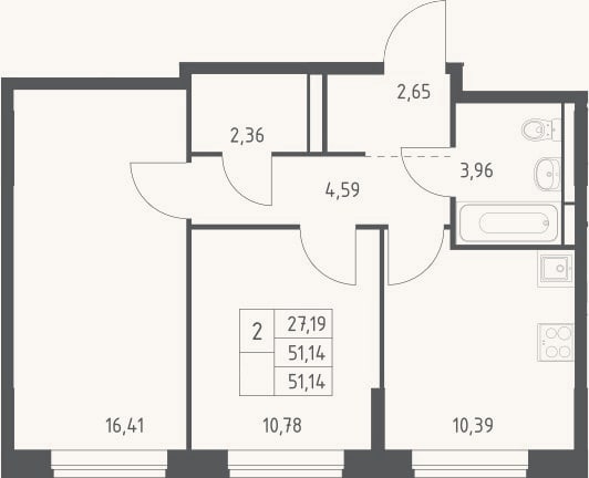 Планировка: 2-к, 51,1 м²