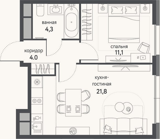 Планировка: 2-к, 41,2 м²