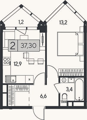 Планировка: 2-к, 36,1 м²
