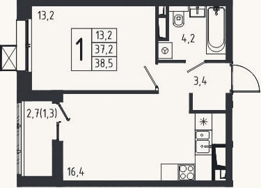 Планировка: 1-к, 37,2 м²