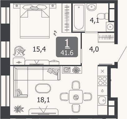 Планировка: 2-к, 41,6 м²