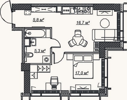 Планировка: 2-к, 44,8 м²