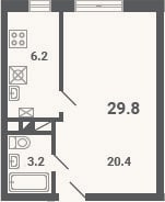 Планировка: 1-к, 29,8 м²