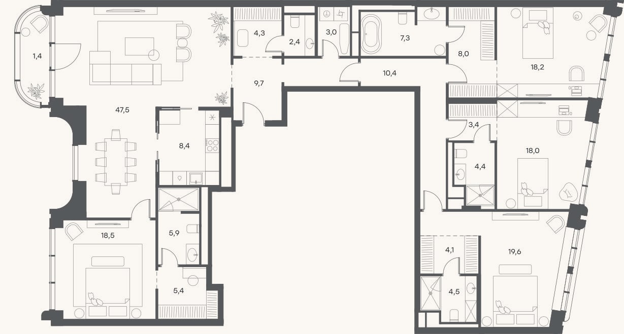 Планировка: 4+ к, 200,4 м²