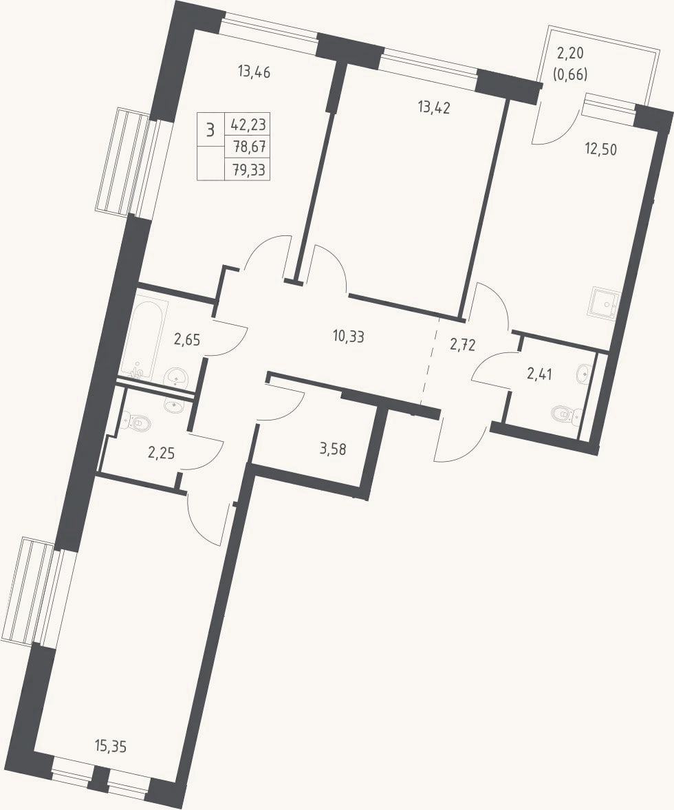 Планировка: 3-к, 77,1 м²
