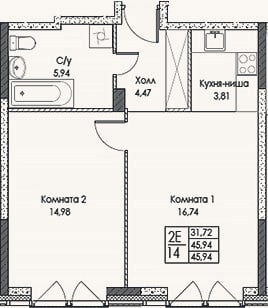 Планировка: 2-к, 45,9 м²