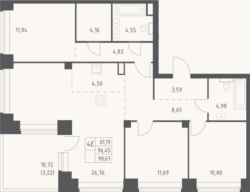 Планировка: 4+ к, 96,5 м²