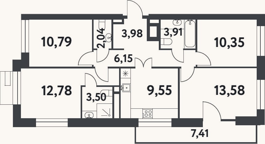 Планировка: 4+ к, 76,6 м²