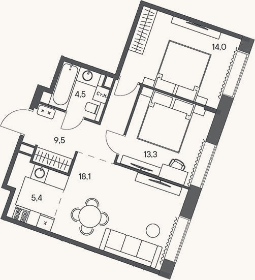 Планировка: 3-к, 64,8 м²