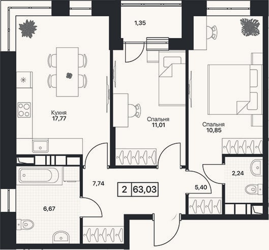 Планировка: 2-к, 61,5 м²