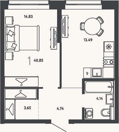 Планировка: 1-к, 40,9 м²