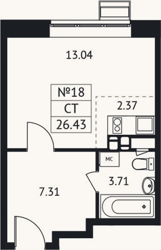 Планировка: Студия, 26,4 м²