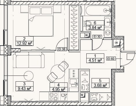 Планировка: 2-к, 39,3 м²